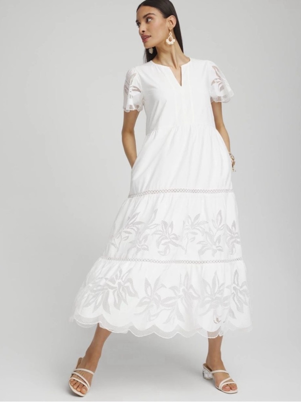 Chico's White Eyelet Embroidered Tiered Maxi Dress Size 2 Large